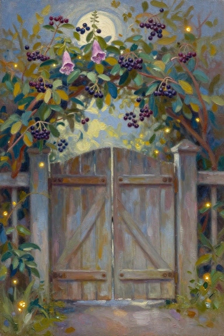 Weathered wooden double gate beneath moonlit vines with purple berries and glowing lights.