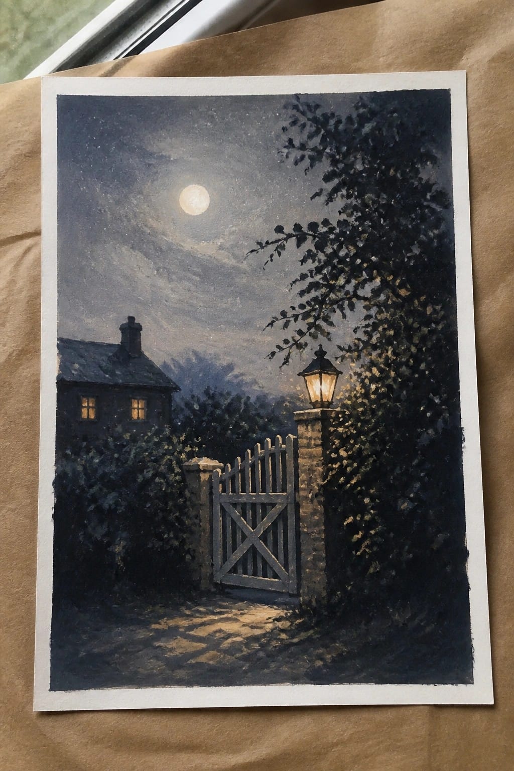Moonlit night with wooden gate, glowing lantern on pillar, house, and cobblestone path