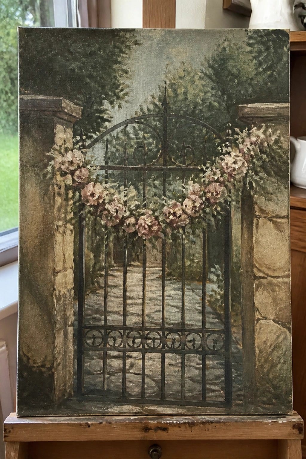 Painting of ornate iron gate with pink roses between stone pillars in garden
