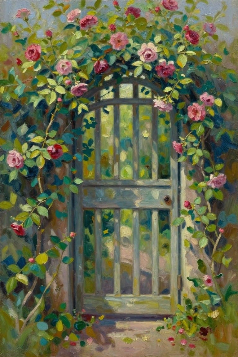 Arched wooden gate overgrown with blooming pink roses and lush green foliage in oil painting
