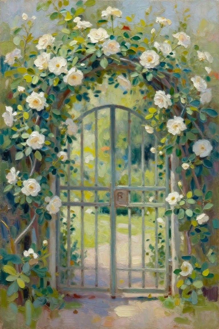 Impressionistic painting of white roses arching over a blue metal garden gate.