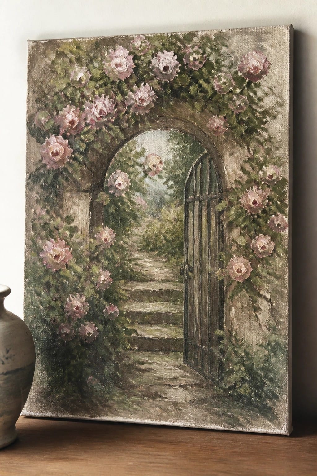 Romantic painting of pink roses arching over stone gateway with open gate and garden steps beside vase