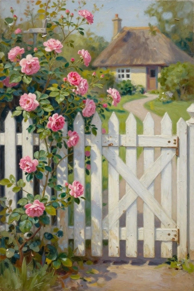 Pink roses climbing white picket fence gate by thatched cottage path