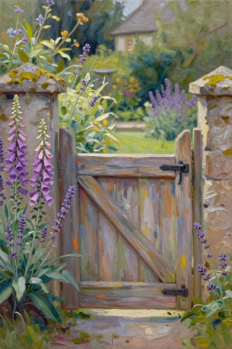 Open wooden gate between mossy stone pillars amid purple foxgloves in lush garden painting