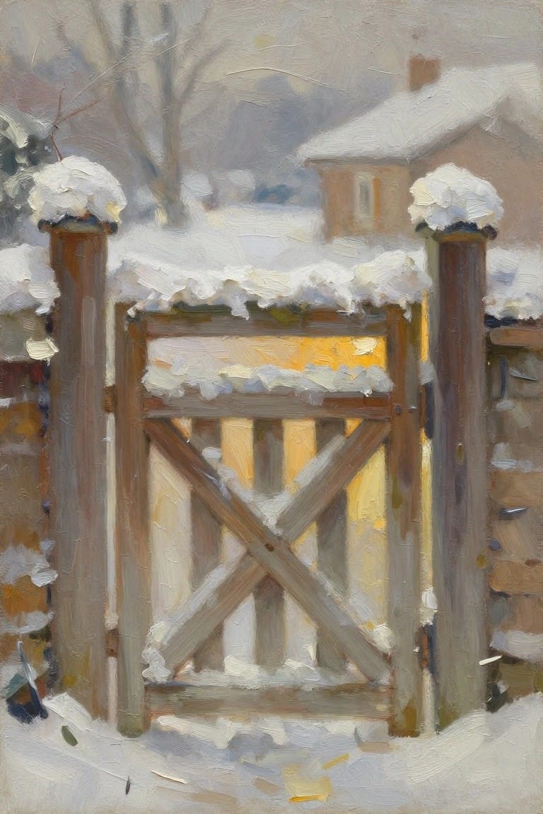 Snow-covered wooden gate with X-bracing amid snowy houses in winter painting