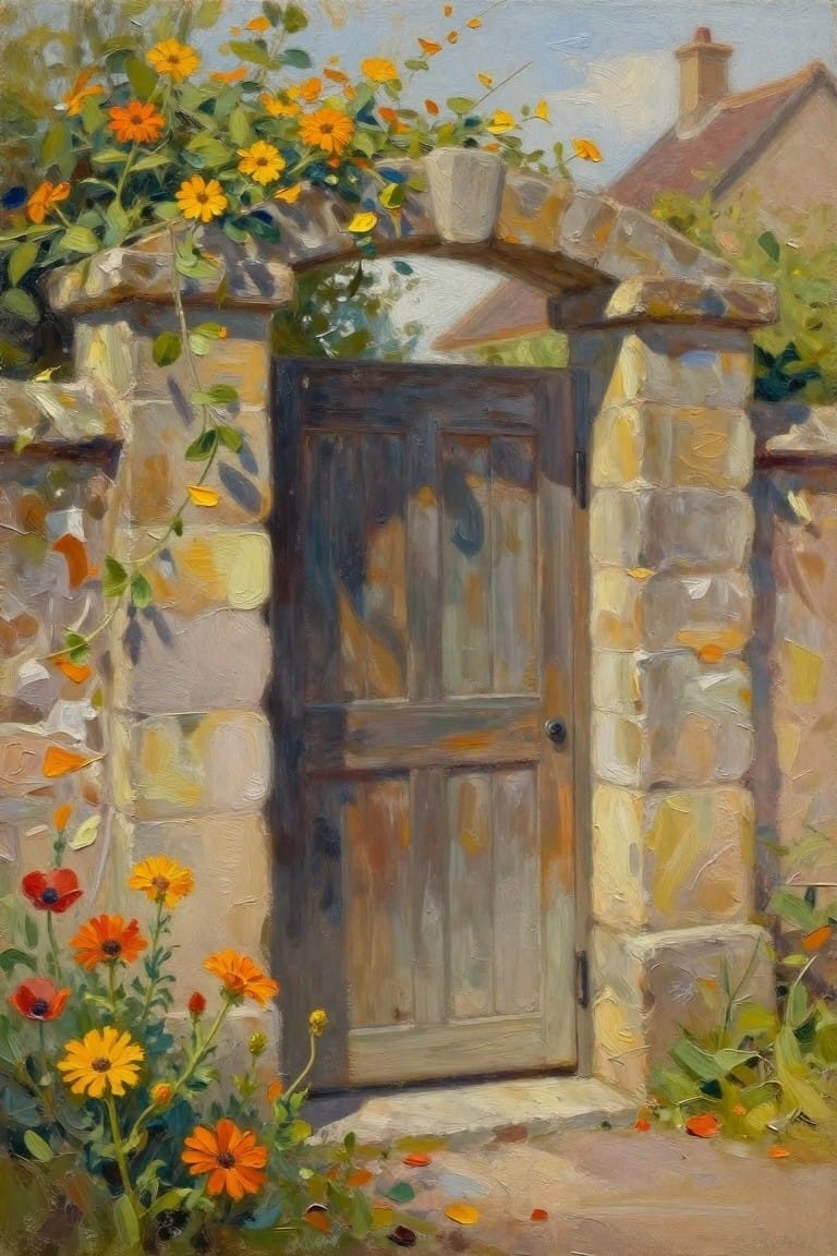 Rustic wooden door in stone archway amid vibrant orange and yellow flowers