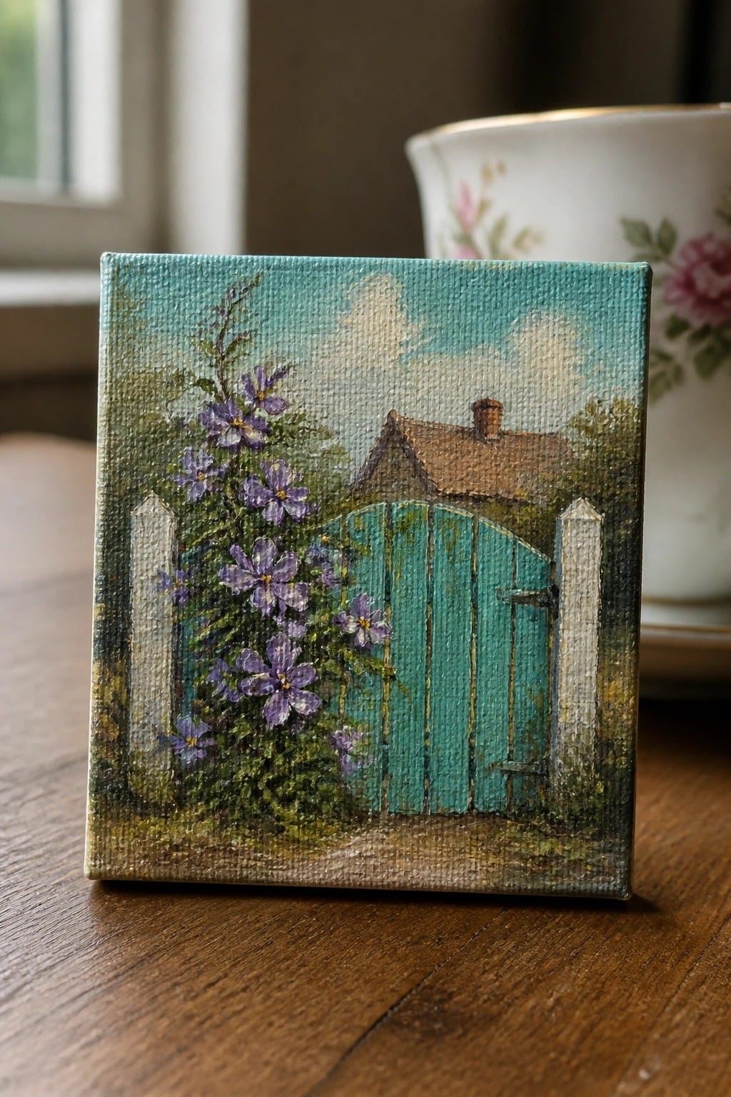 Small canvas painting of teal gate with purple flowers, cottage, and white posts.
