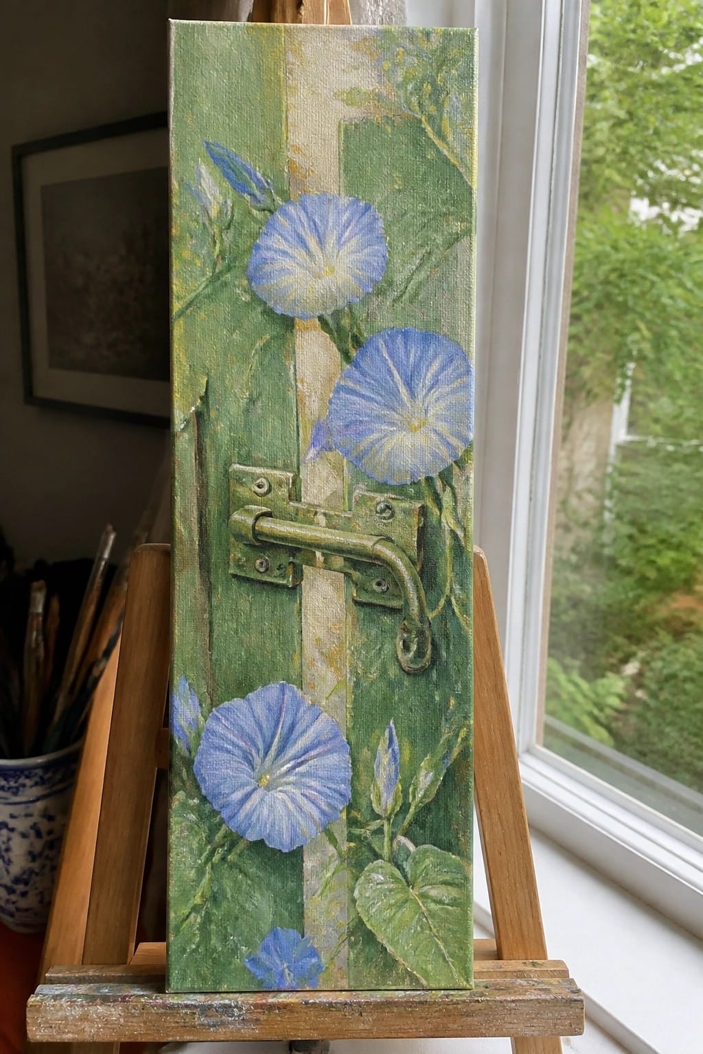 Canvas on easel with blue morning glories and green metal latch painting