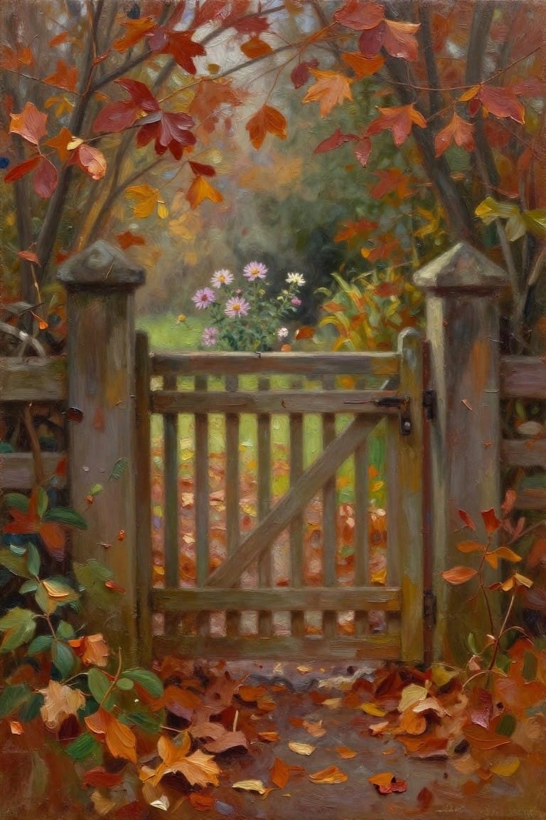 Wooden gate amid vibrant autumn leaves, purple flowers, and colorful foliage in oil painting
