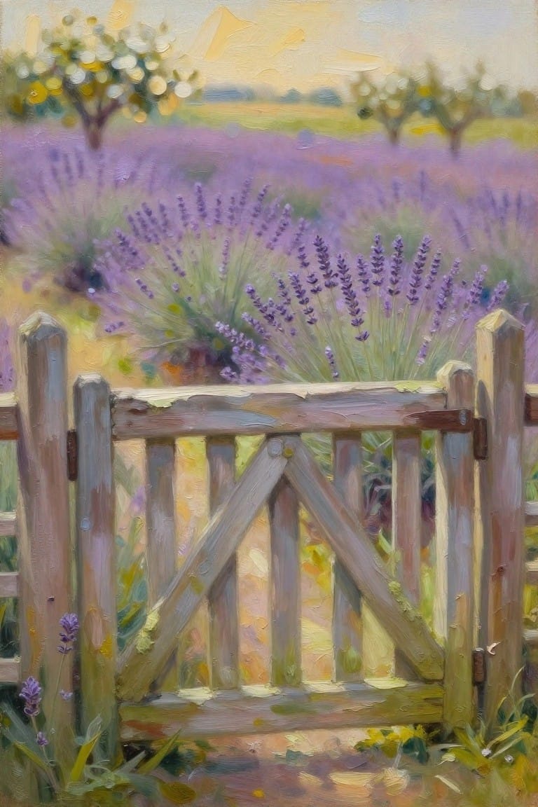 Rustic wooden gate opening onto blooming purple lavender field at sunset