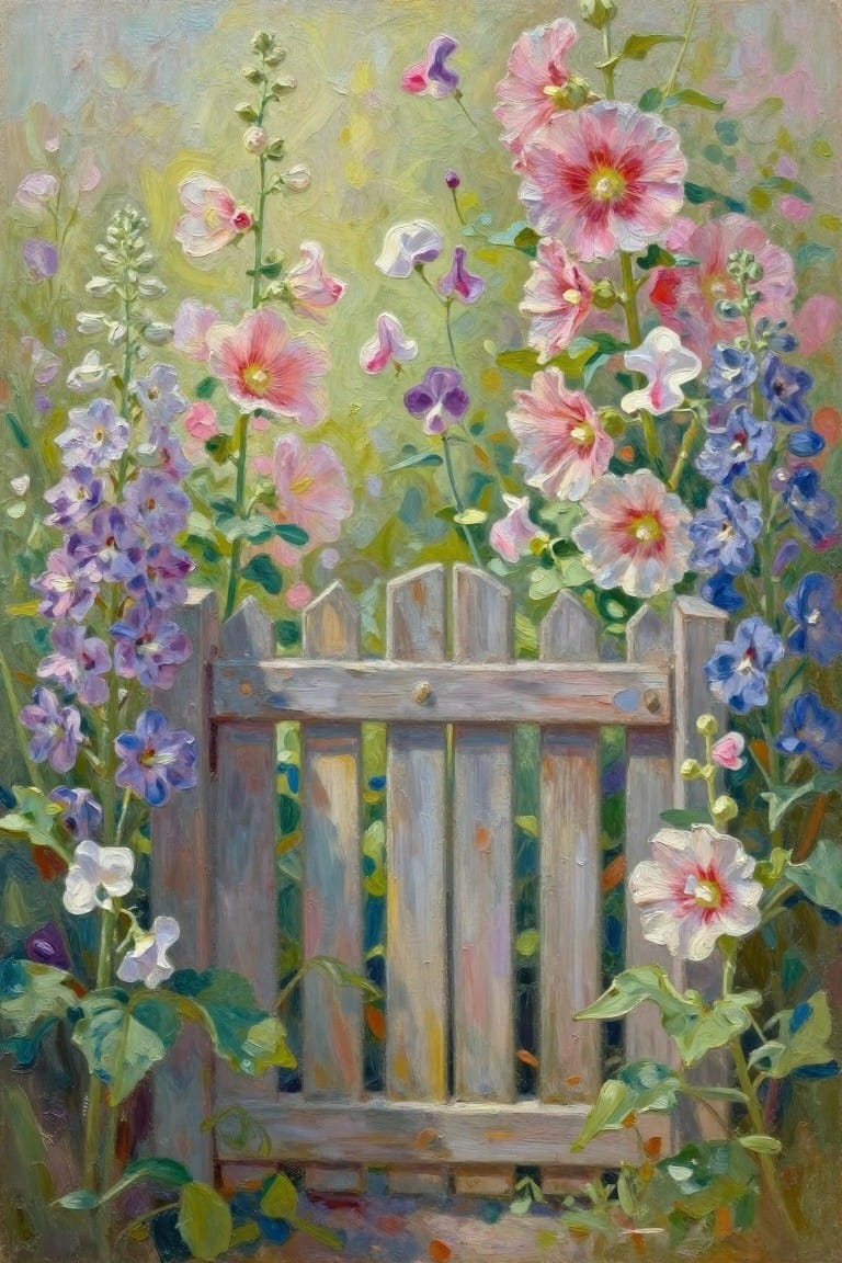 Rustic wooden gate amid blooming pink, purple, and blue hollyhocks in garden