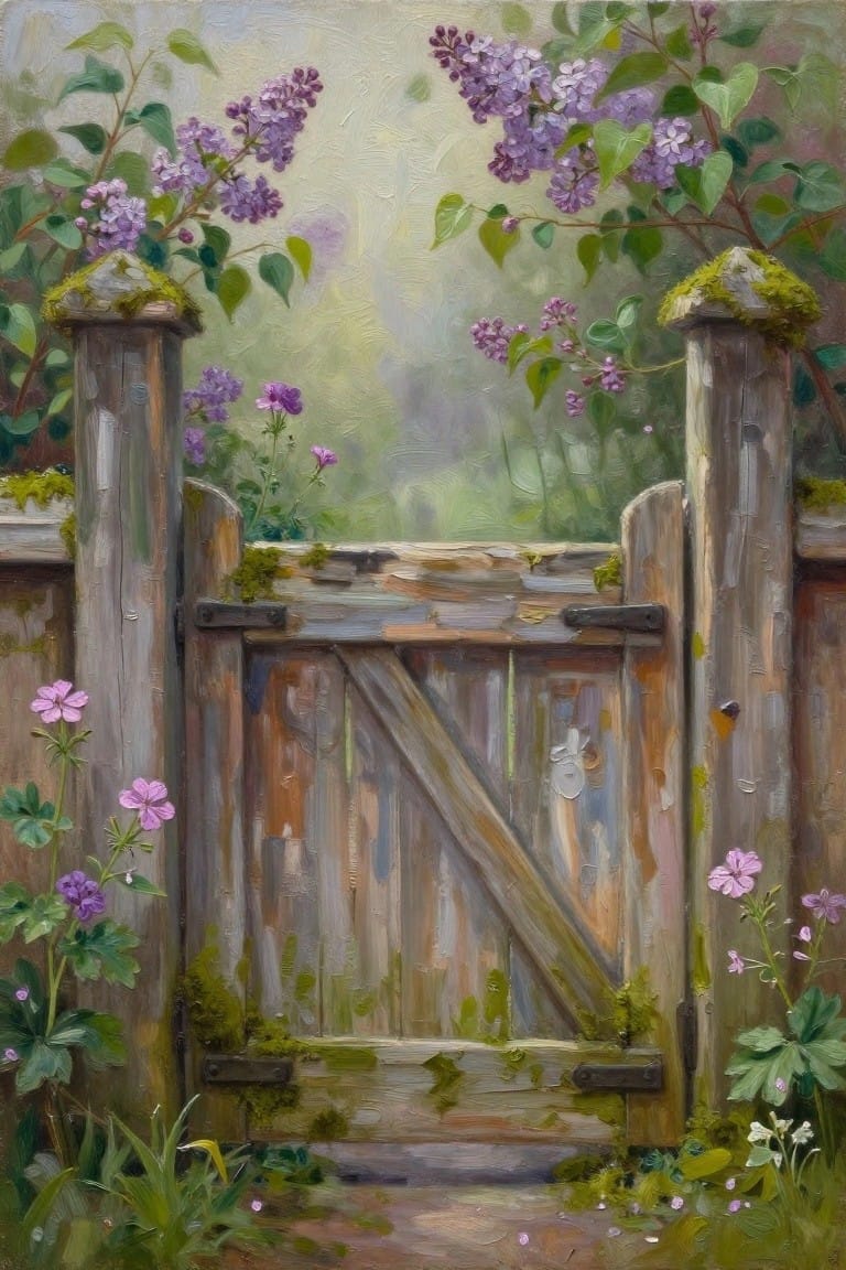 A weathered wooden garden gate with moss-covered posts, framed by purple lilac blooms and smaller pink flowers growing at the base.