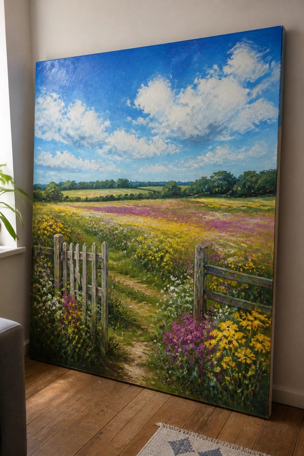 Large vibrant painting of wildflower meadow with wooden gate leaning against wall
