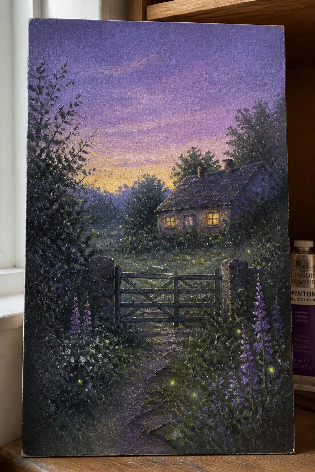 An oil painting of a wooden garden gate on stone posts with a dirt path leading to a stone cottage with glowing windows at twilight, purple flowers and trees on both sides, and a purple-orange sky.