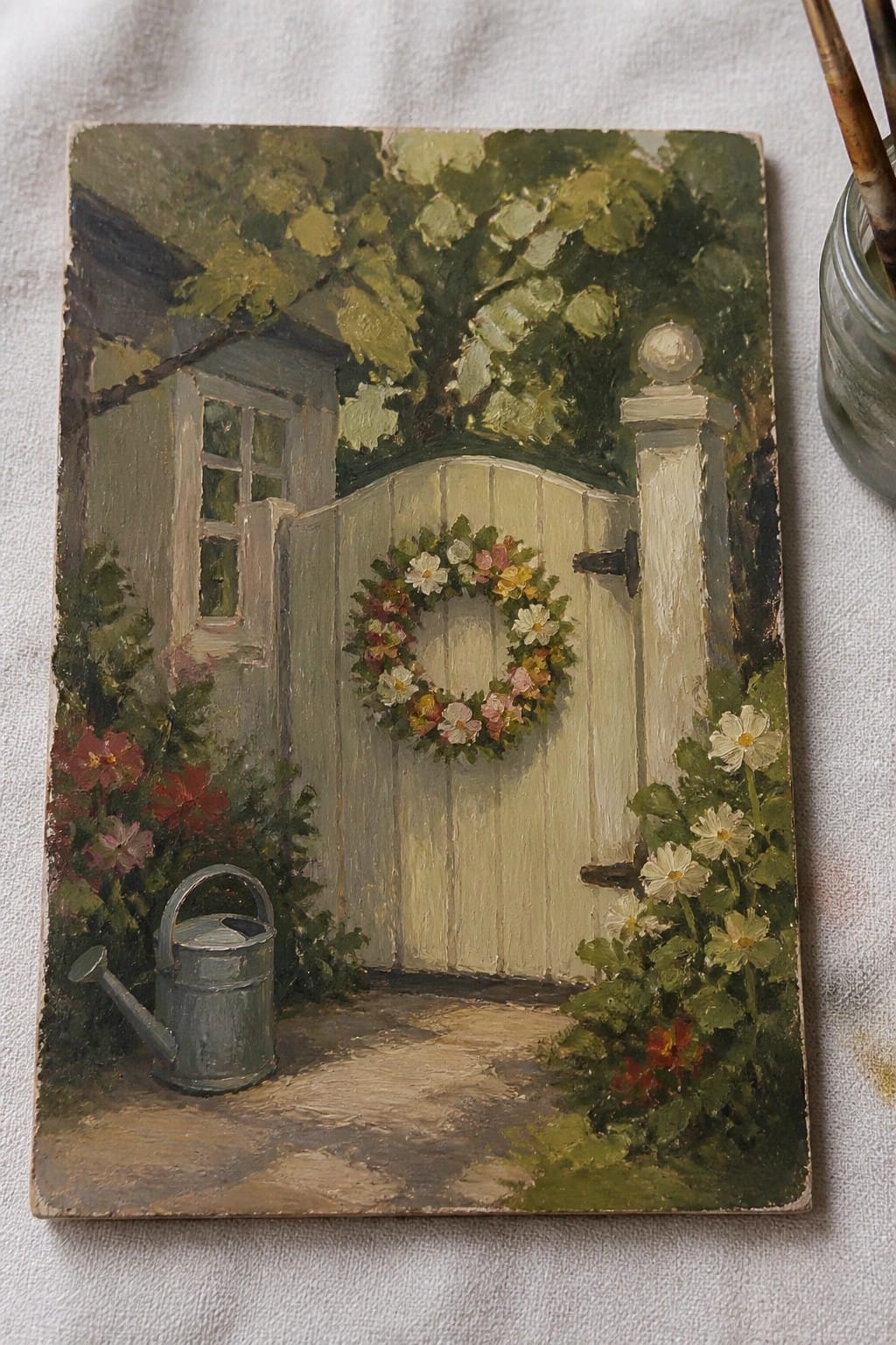 Oil painting of white garden gate with floral wreath, watering can, and blooming flowers.