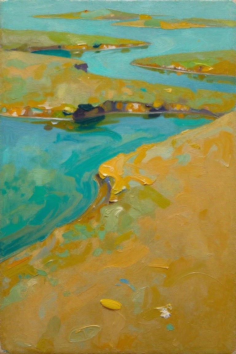 Vibrant painting of turquoise waters winding through golden hills and green islands.