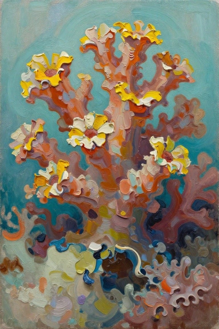 Vibrant impasto coral with yellow blooms on swirling teal and orange forms