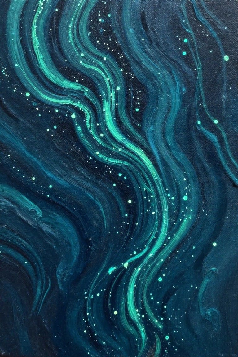 Swirling teal and blue abstract waves with scattered glowing dots on dark canvas