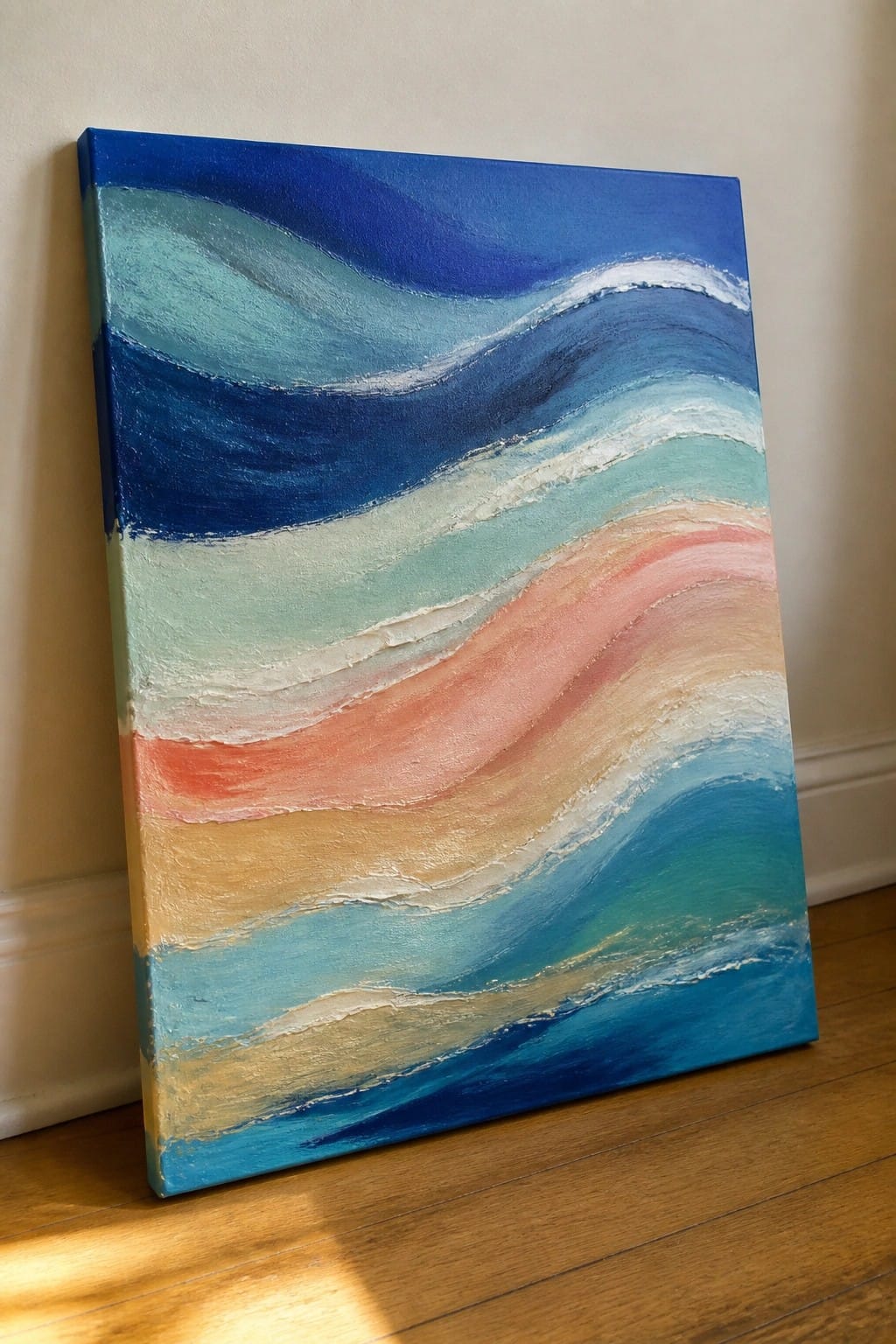 Abstract painting with wavy blue, teal, pink, and beige brushstrokes on canvas floor.