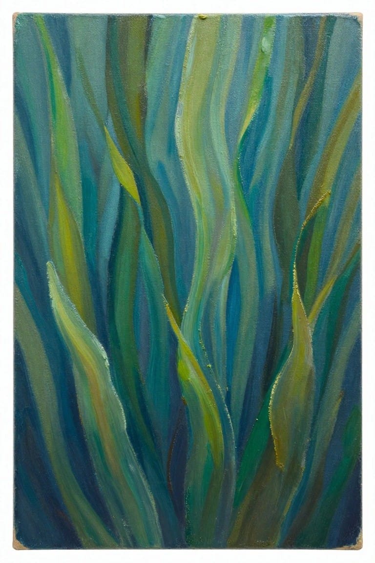 Abstract painting of flowing vertical blue and green wavy brushstrokes on canvas