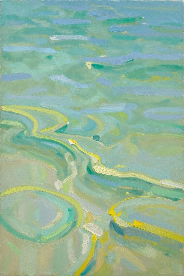 Abstract painting of swirling turquoise, green, blue, and yellow brushstrokes.