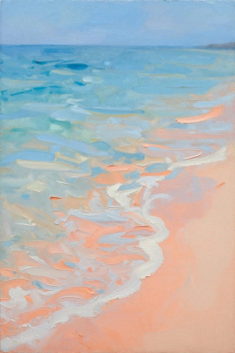 Impressionistic oil painting of turquoise waves meeting a pink sandy shore