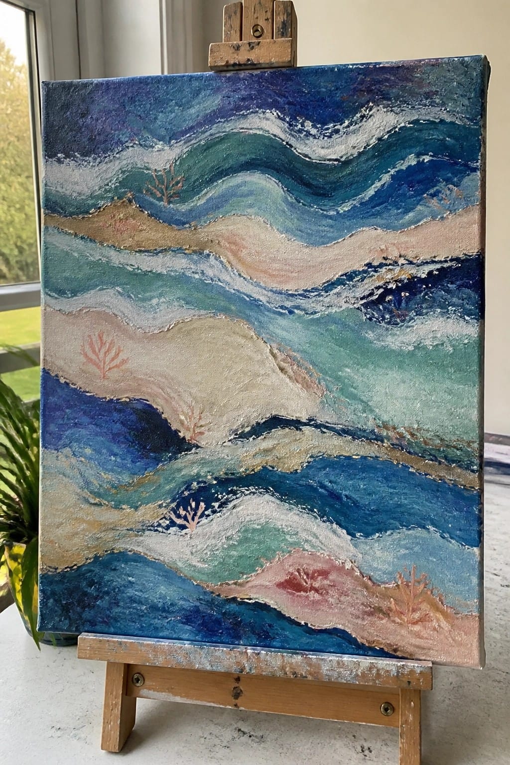 Abstract painting of blue-green ocean waves with coral on wooden easel