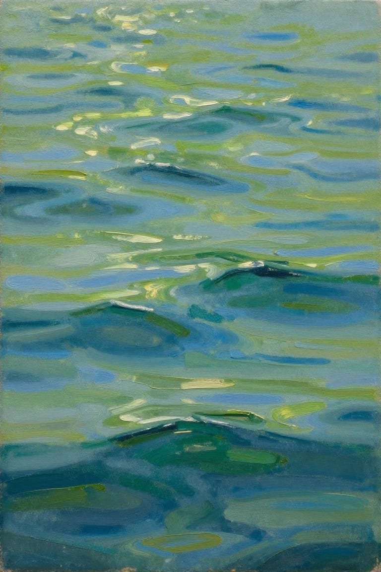 Impressionistic painting of rippling blue-green water with light reflections.