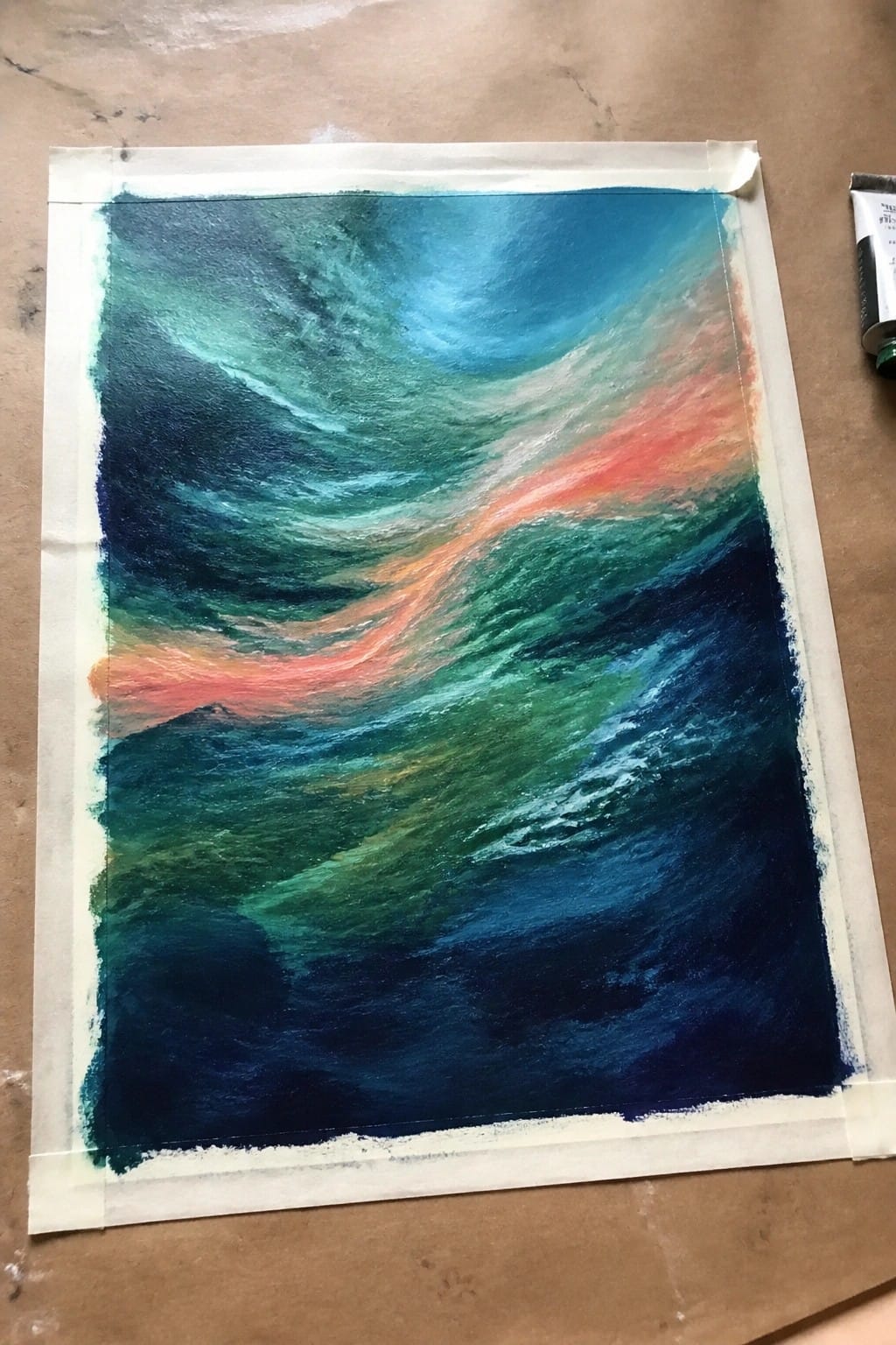 Abstract oil painting of swirling ocean in blues greens and teals with orange pink streaks and a dark lower shape.