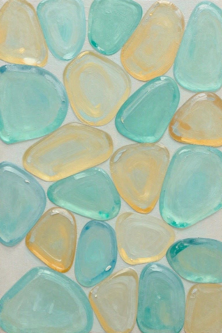 An abstract oil painting of overlapping rounded shapes in turquoise, teal, and yellow tones on a light background.