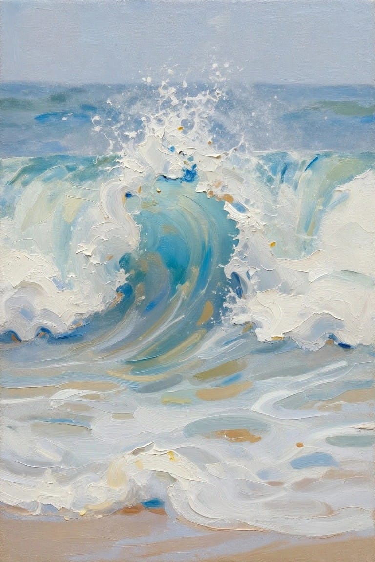 An abstract oil painting of a large blue wave curling and crashing with white foam and spray under a pale sky.