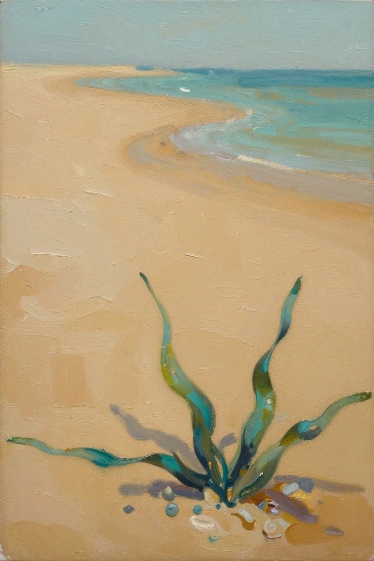 Impressionist beach painting with curving shoreline, turquoise waves, and foreground seaweed with shells