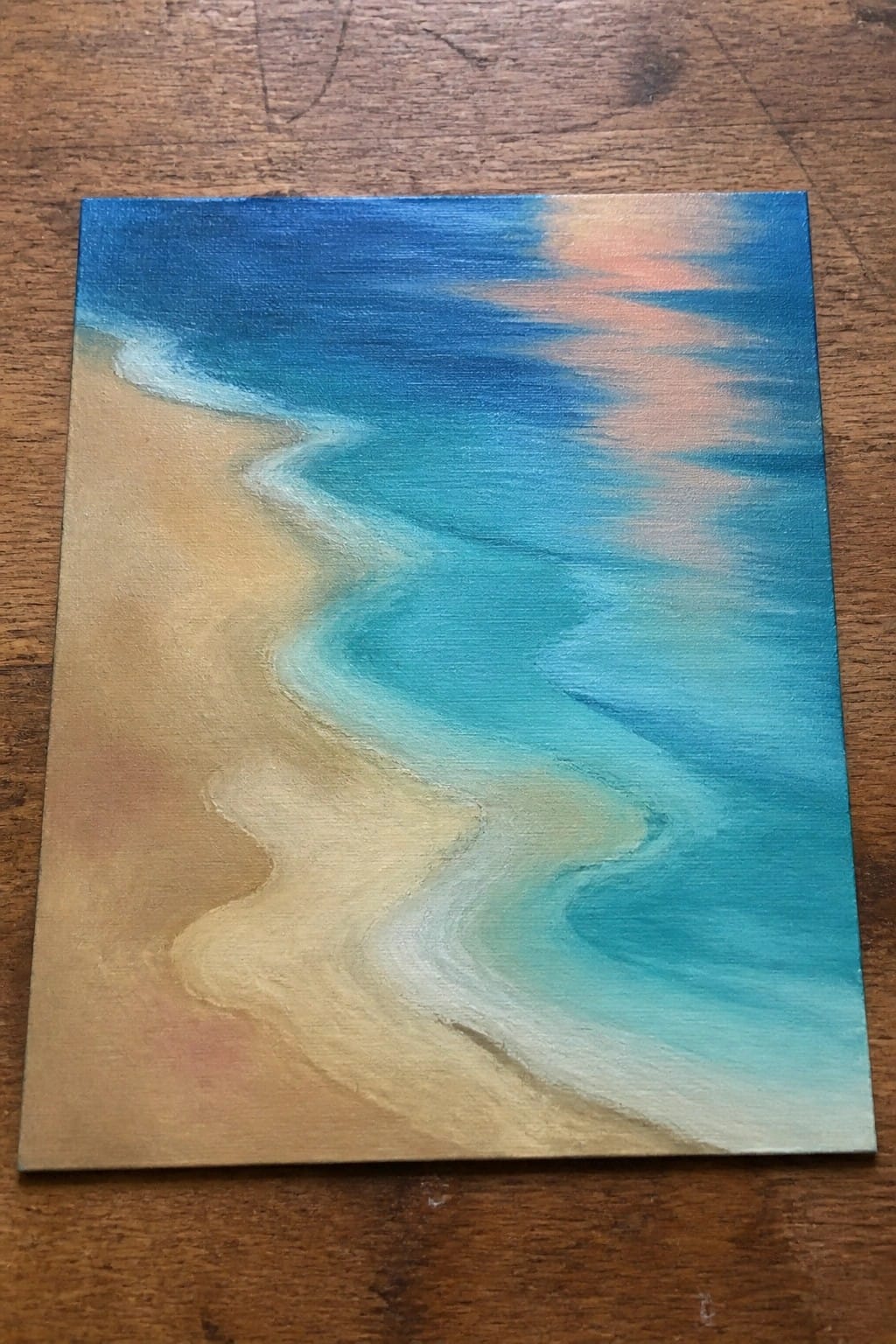 Abstract painting of wavy beige sand meeting blue and turquoise ocean waves