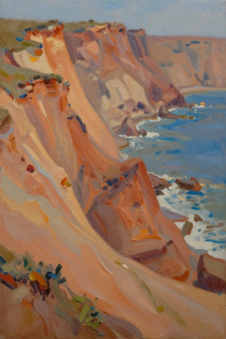 Thickly painted orange-red cliffs overlooking blue ocean with white waves.