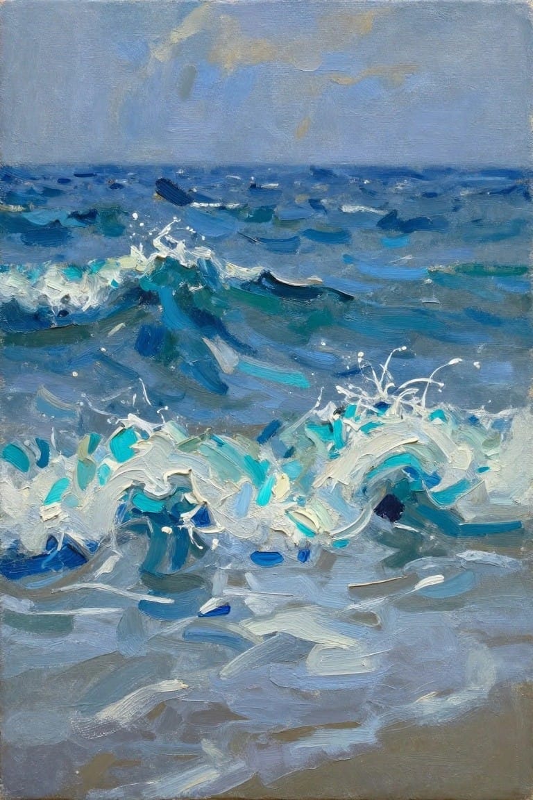 Impressionistic painting of crashing blue ocean waves with white foam and spray