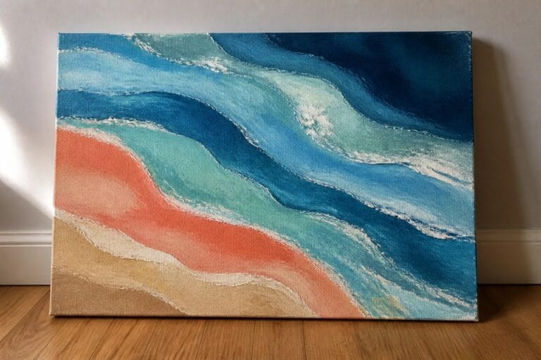 Abstract painting with wavy blue, teal, pink, and beige brushstrokes on canvas floor.