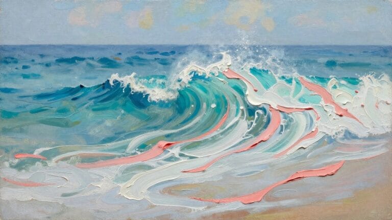 Expressive impasto painting of crashing blue waves with white and pink foam.