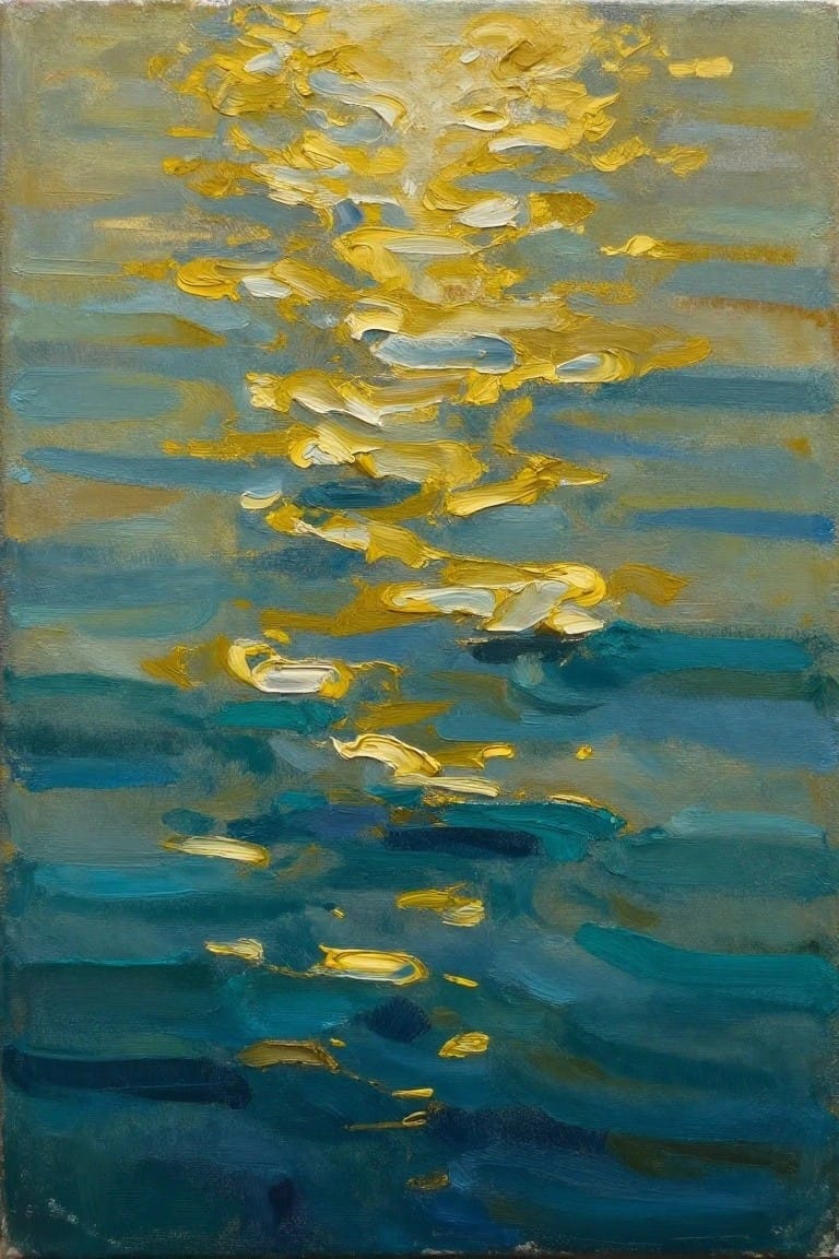 Impressionistic painting of sunlight reflections shimmering on blue-green water waves