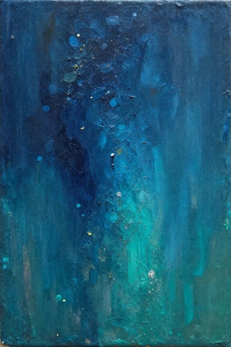 An abstract oil painting with textured layers of blue and turquoise paint, featuring splatters and brushstrokes on a canvas.