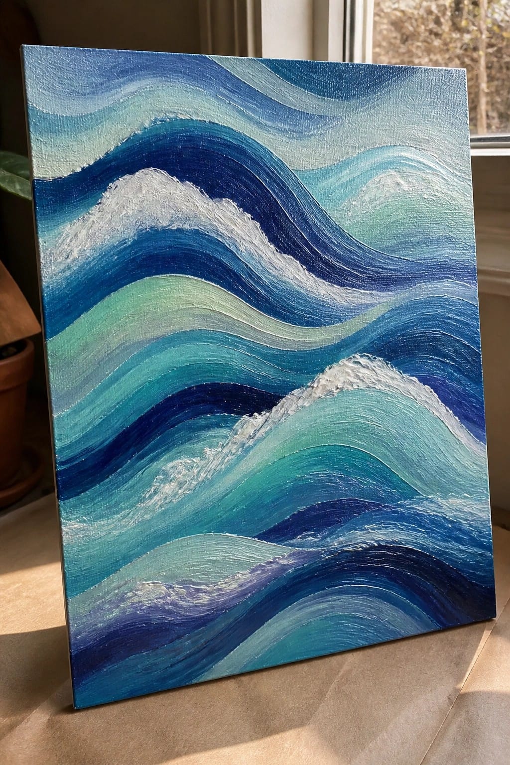 An abstract oil painting of flowing ocean waves in blues, teals, and white on a rectangular canvas.