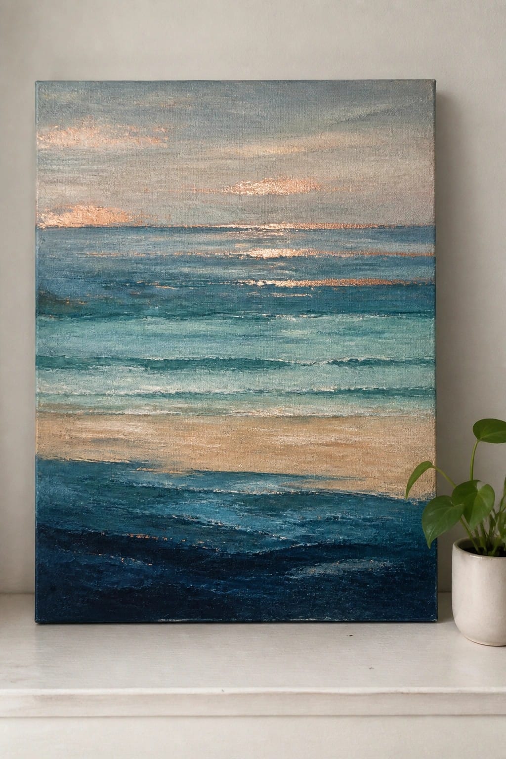 Abstract seascape painting with layered blue ocean waves, sandy shore, and potted plant nearby.