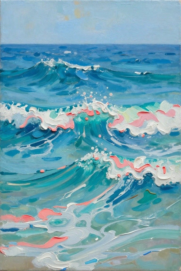 Expressive impasto painting of crashing blue waves with white and pink foam.