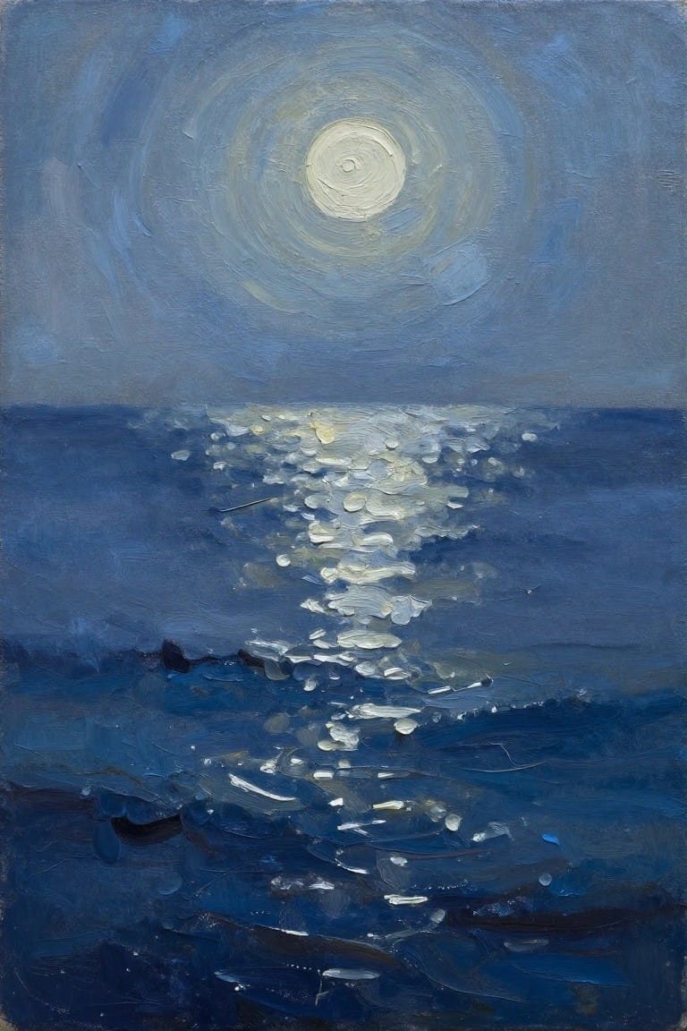 An oil painting of a white swirling moon in a blue sky above a dark blue ocean with a path of light reflections on the waves.