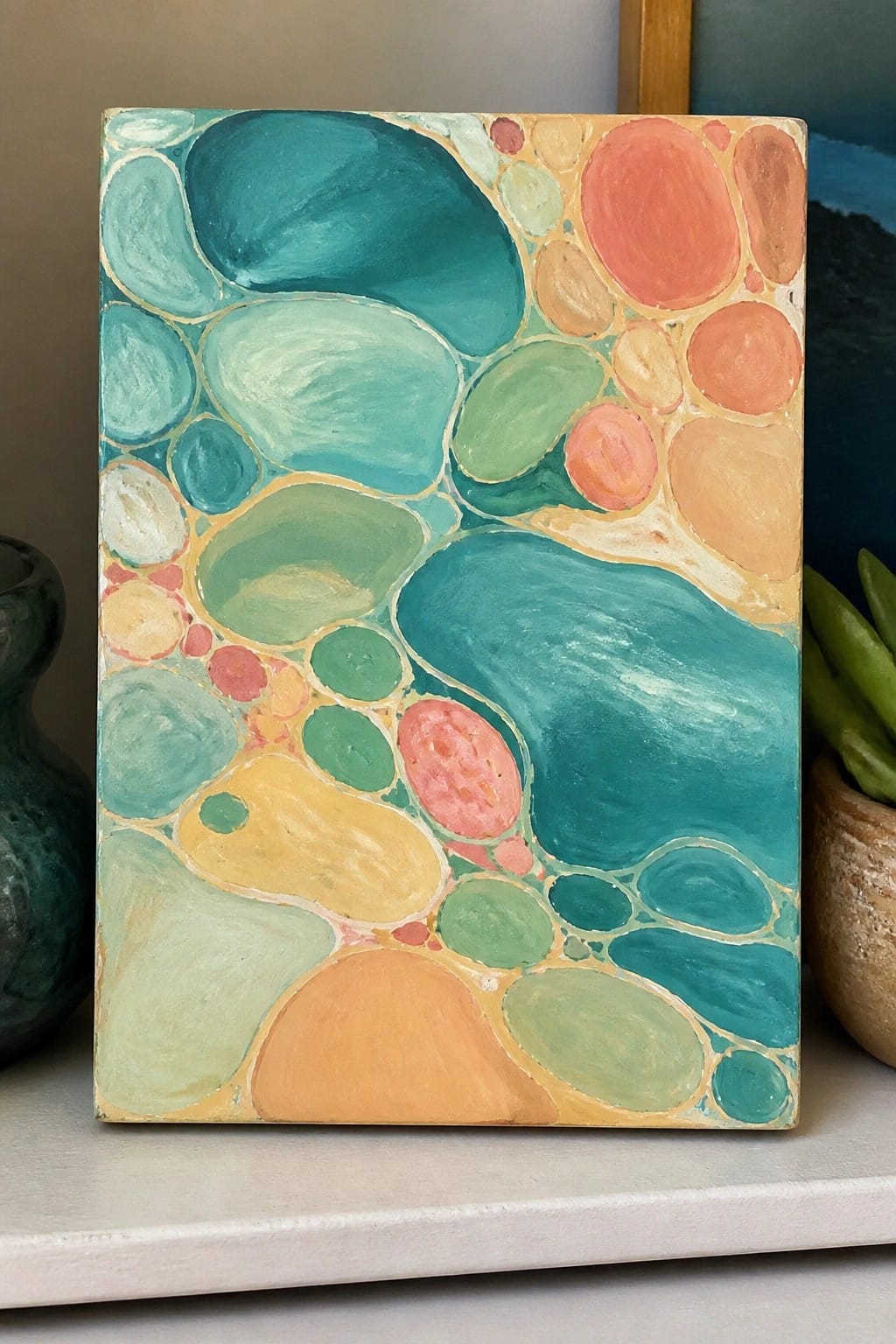 Abstract painting of overlapping colorful circles and ovals in teal, coral, orange, and green.