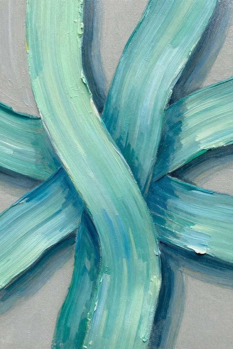 Abstract painting of thick green and blue brushstrokes intertwining on gray background.
