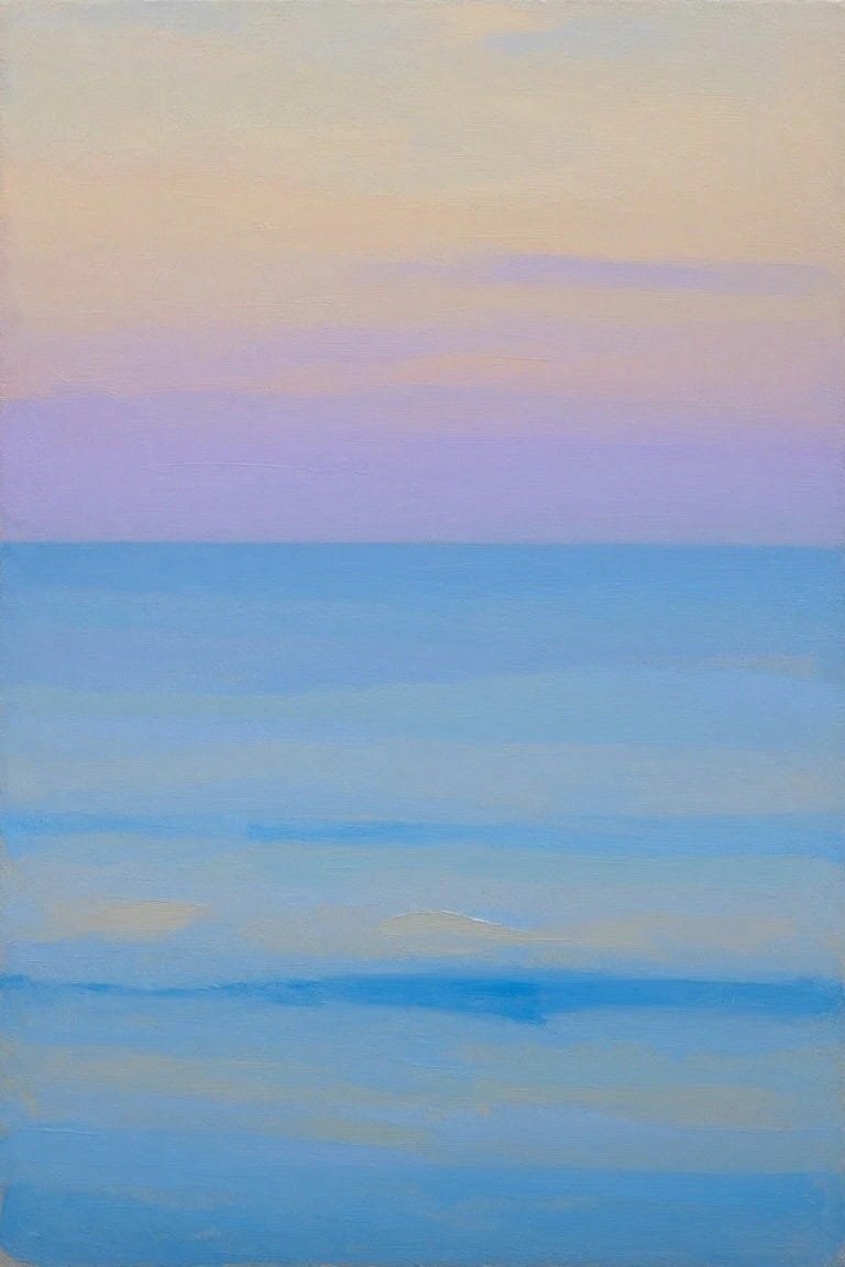 Minimalist painting of calm blue ocean beneath soft purple and peach sky