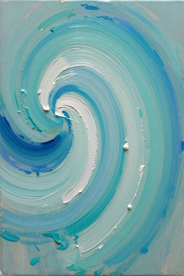 An abstract oil painting with swirling strokes of blue, teal, and white forming a vortex pattern on a canvas.