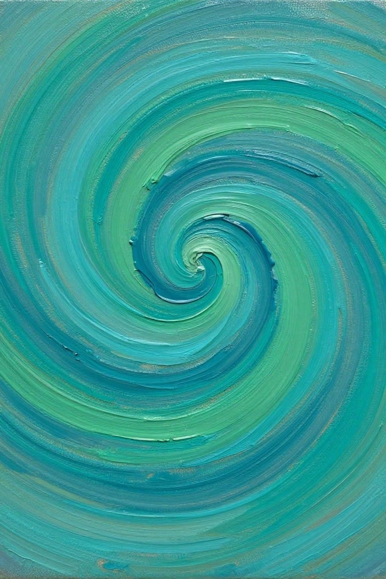 Vibrant spiral painting with swirling brushstrokes in shades of blue and green.
