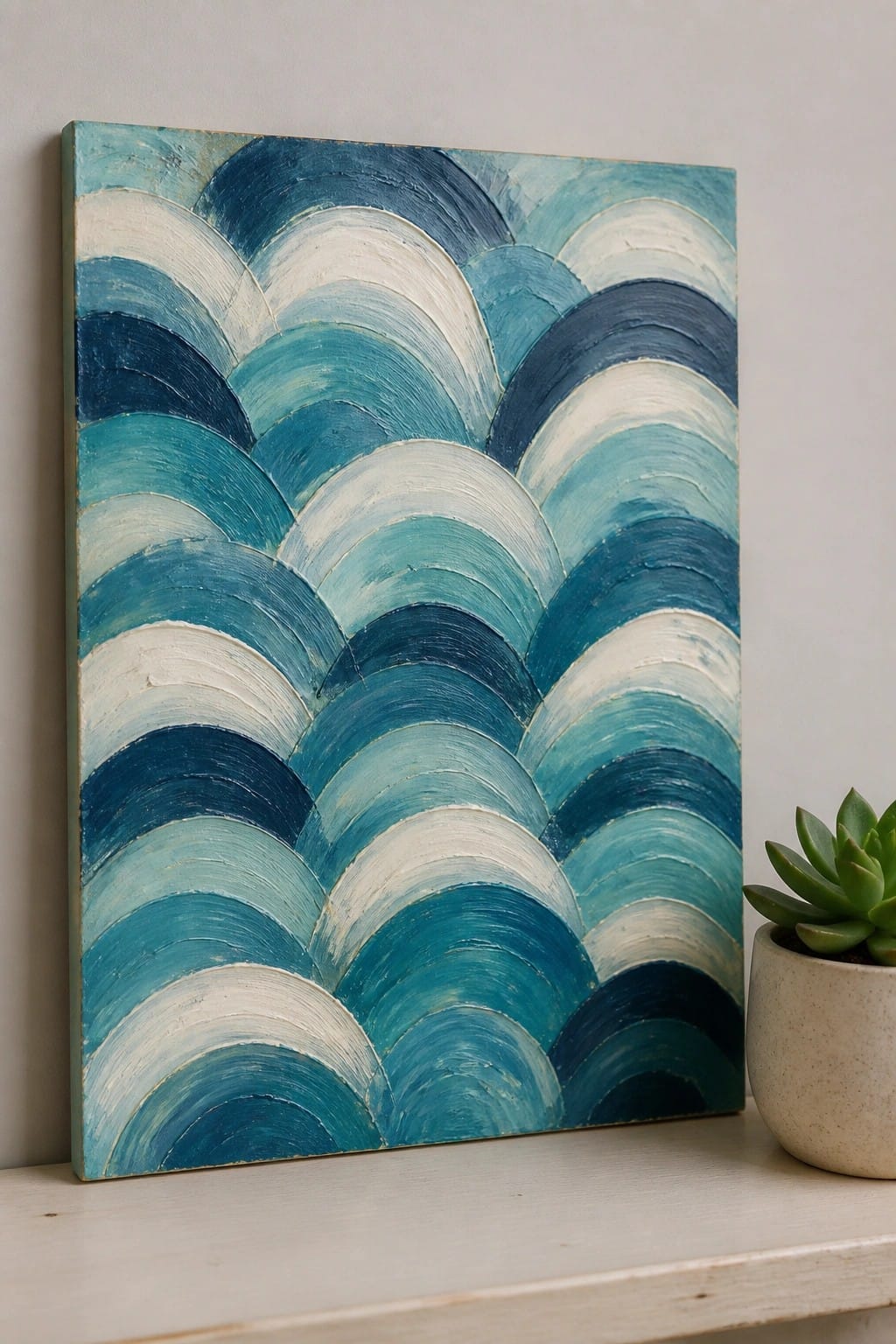 Textured abstract painting with curved blue and white waves beside a potted succulent.
