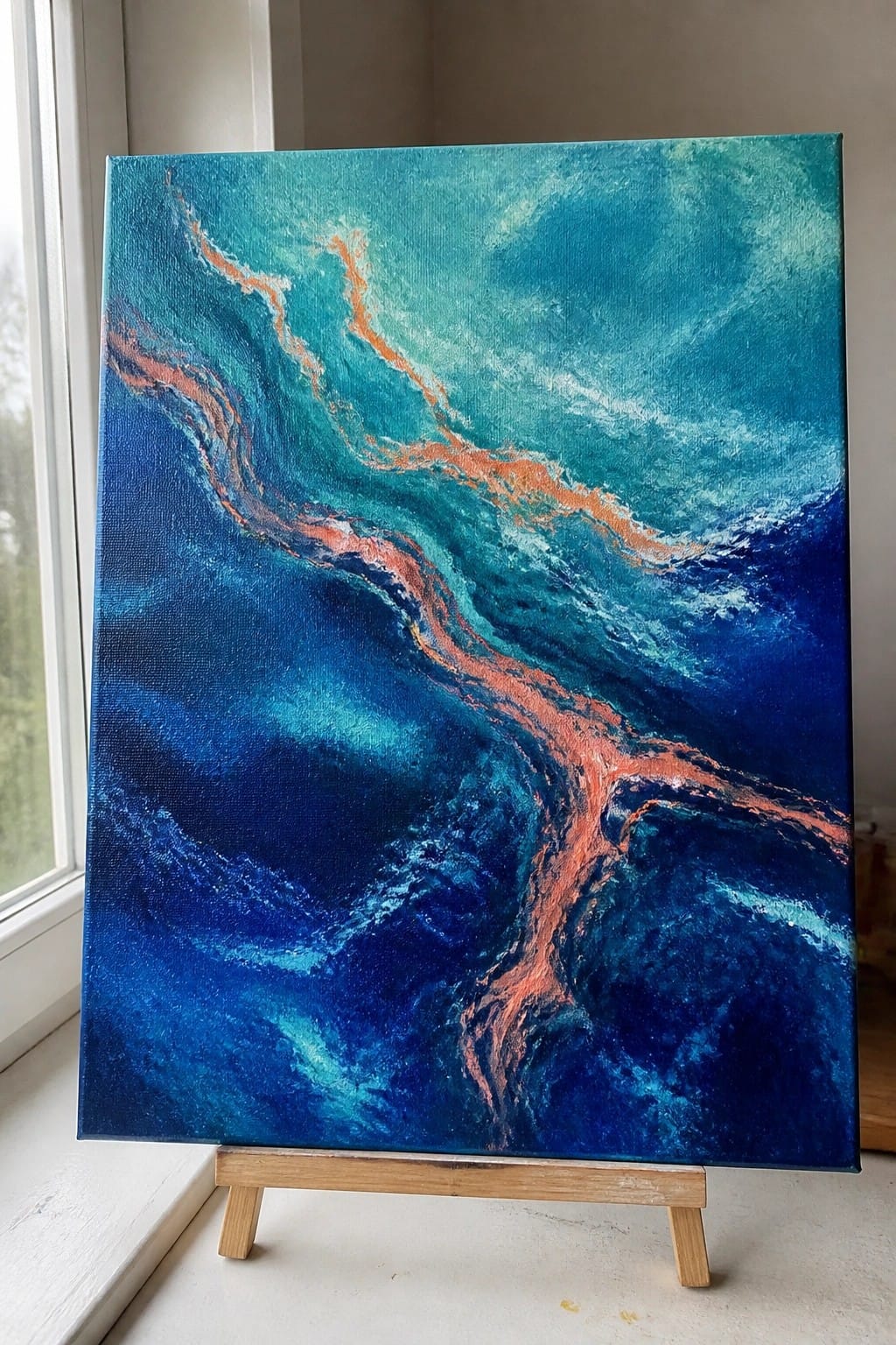 Abstract painting with swirling blue, teal, and orange waves on wooden easel by window